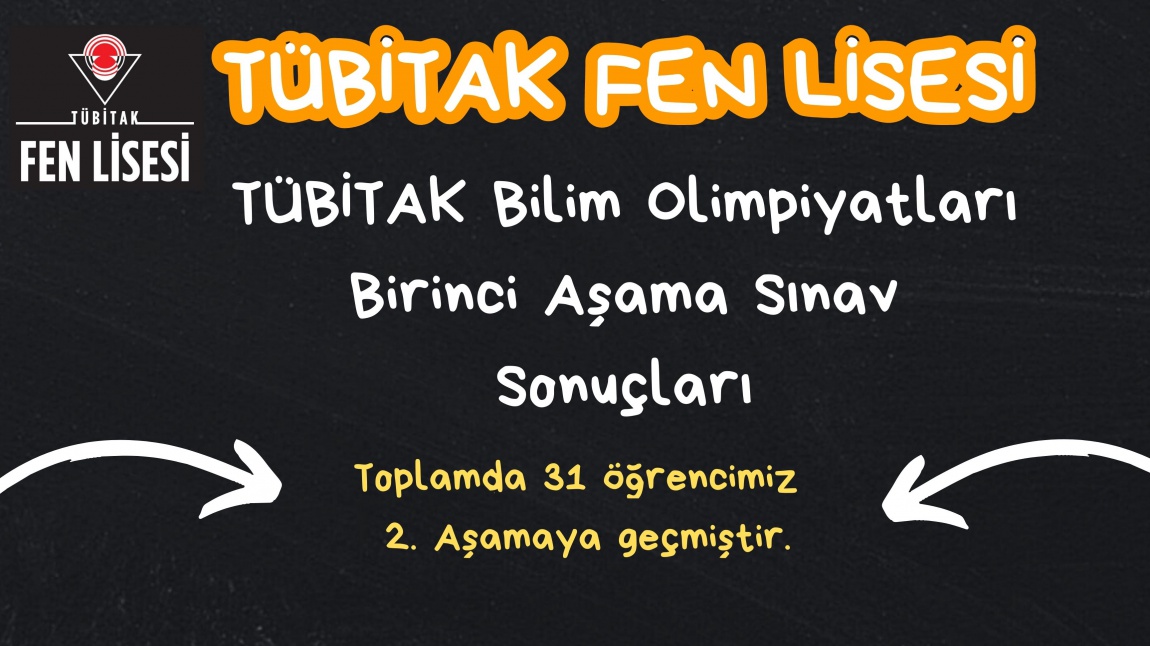 TÜBİTAK Bilim Olimpiyatları 1.Aşama Sınavında 31 Öğrencimiz 2.Aşamaya ve yaz kampına katılmaya hak kazanmıştır.